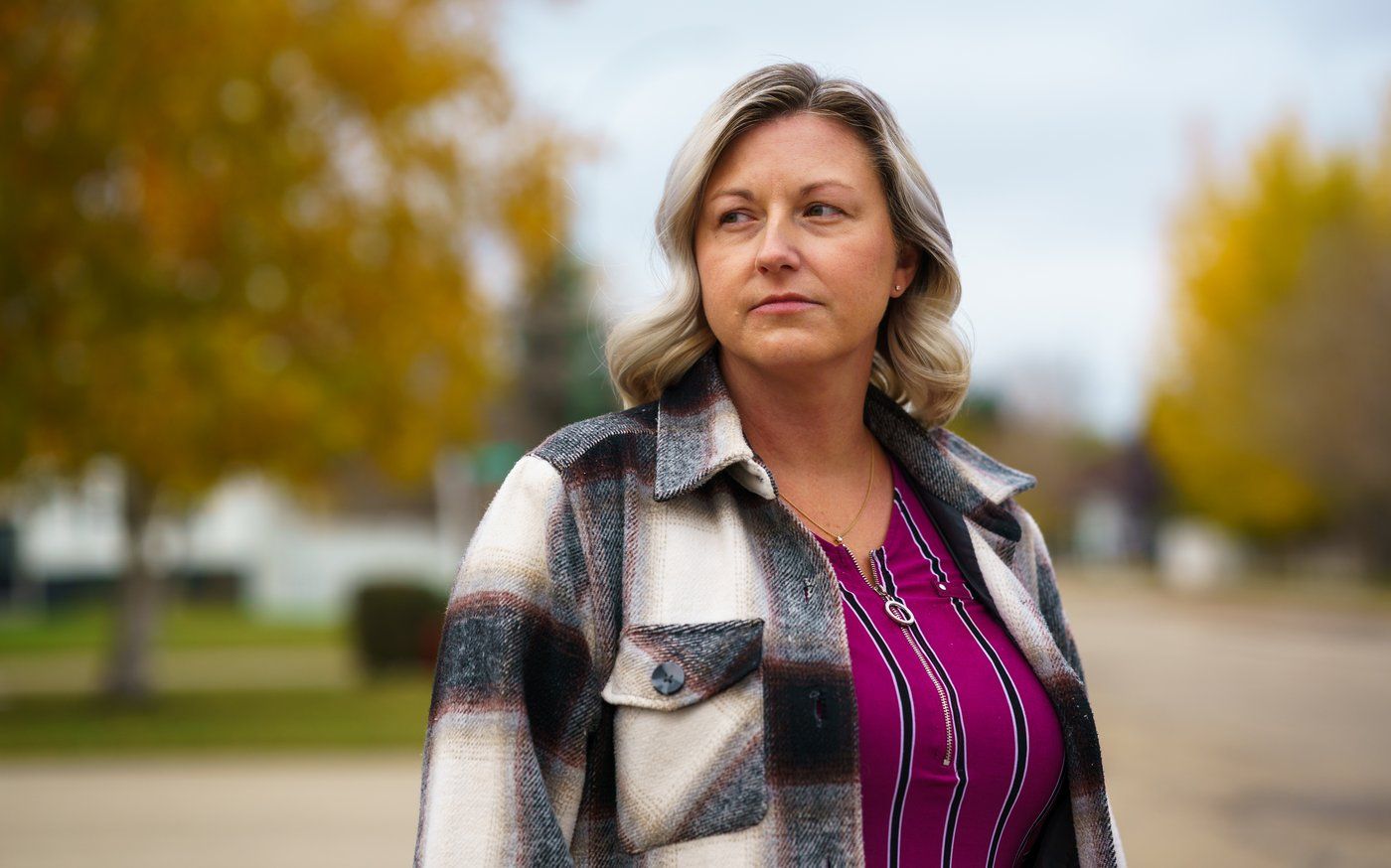 Andrea Morrice stands for a photograph in Weyburn, Sask., Thursday, Oct. 16, 2025. On Sept. 12, Morrice’s friend Tanya Myers was fatally shot while they were travelling together on Highway 39 near Weyburn. THE CANADIAN PRESS/Heywood Yu