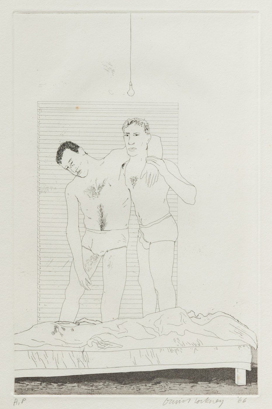 The Art Gallery of Ontario says it has received a significant gift of more than 450 pieces of art from the family of late Toronto art patrons Carol and Morton Rapp. This image shows: David Hockney. One Night (from Illustrations for Fourteen Poems from C.P. Cavafy), 1966. Etching and aquatint, Art Gallery of Ontario. Gift of Carol and Morton Rapp, 2025. Â© David Hockney. 2025/409. THE CANADIAN PRESS/Handout - AGO (Mandatory Credit)