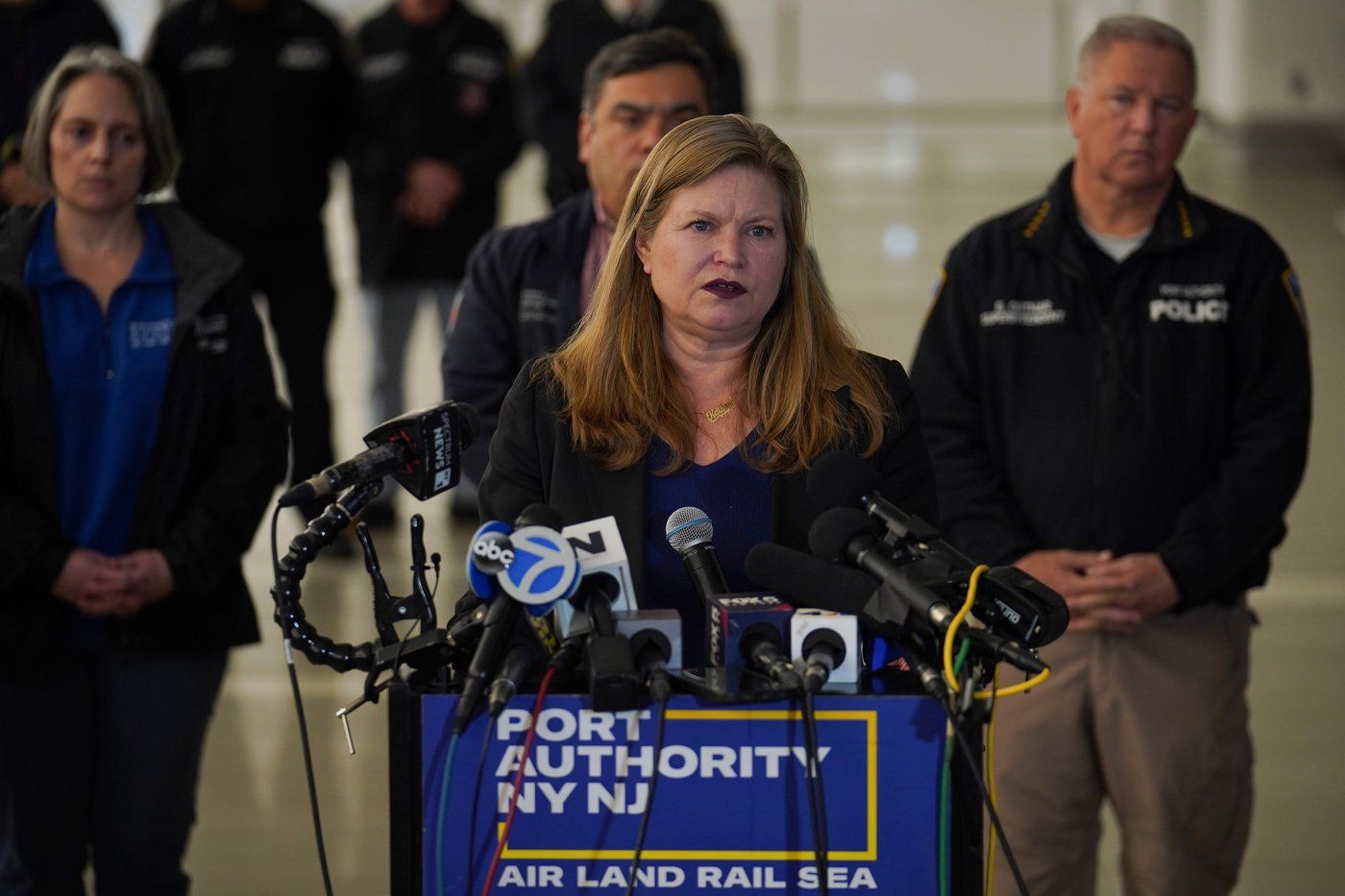 Port Authority Executive Director Kathryn Garcia speaks during a news conference at LaGuardia Airport after a collision between an Air Canada jet that had just landed and a Port Authority fire truck, Monday, March 23, 2026, in New York. (AP Photo/Ryan Murphy)